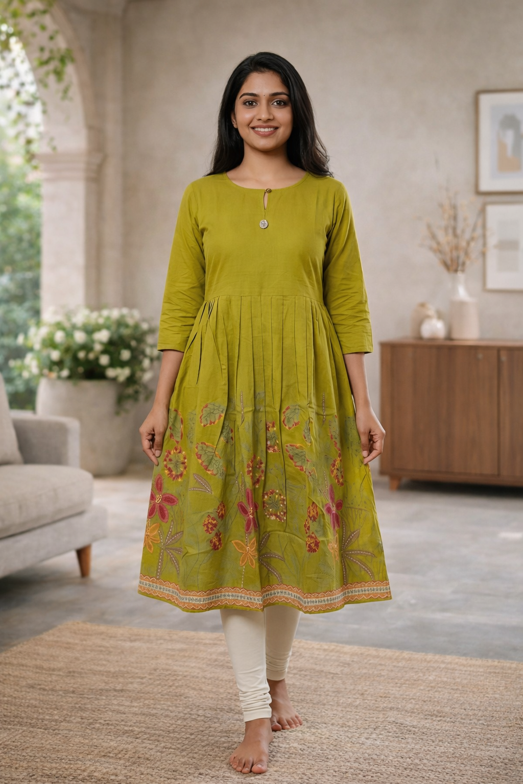 Elegant Olive Green Floral Umbrella Kurti