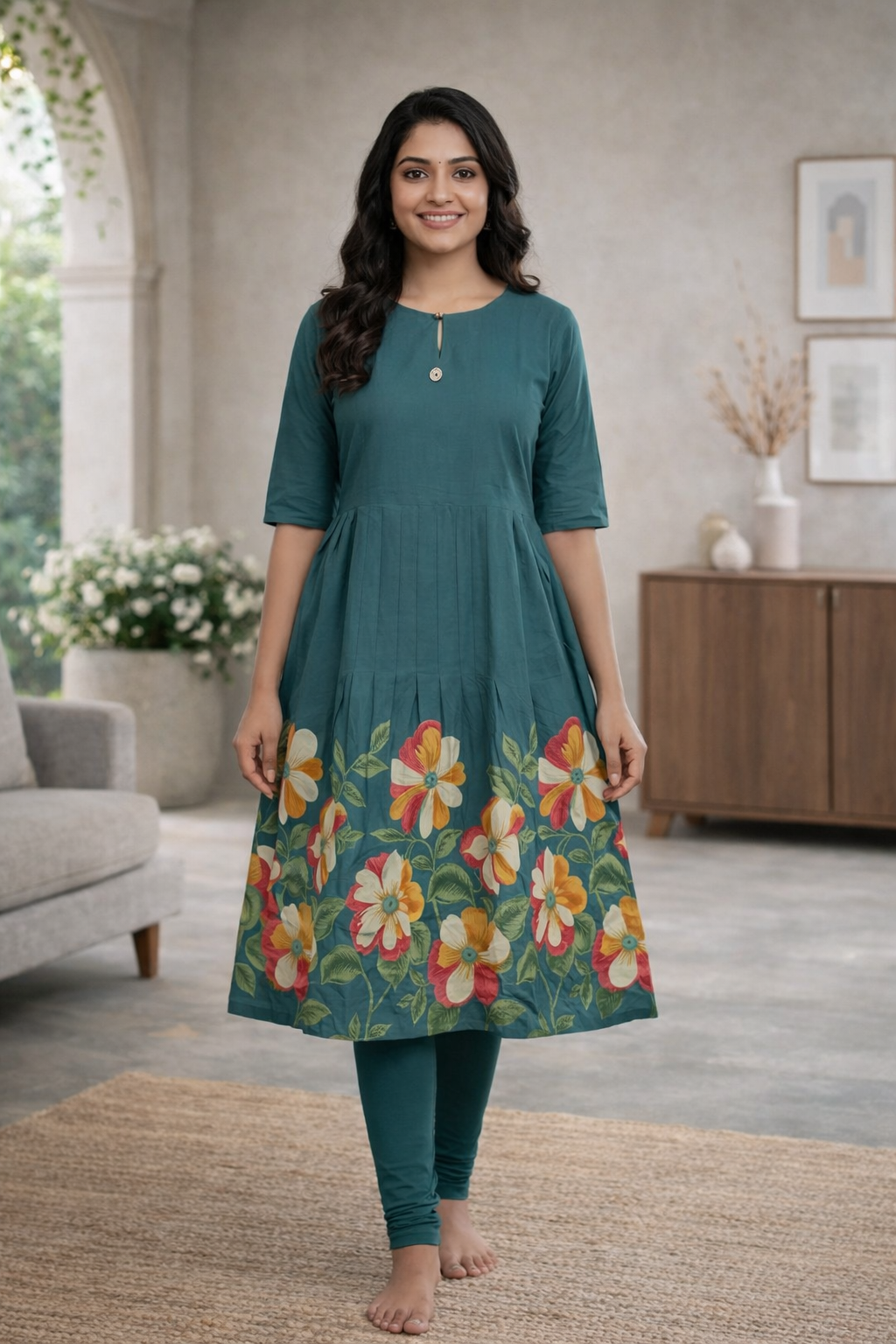 Elegant Teal Green Floral Umbrella Kurti