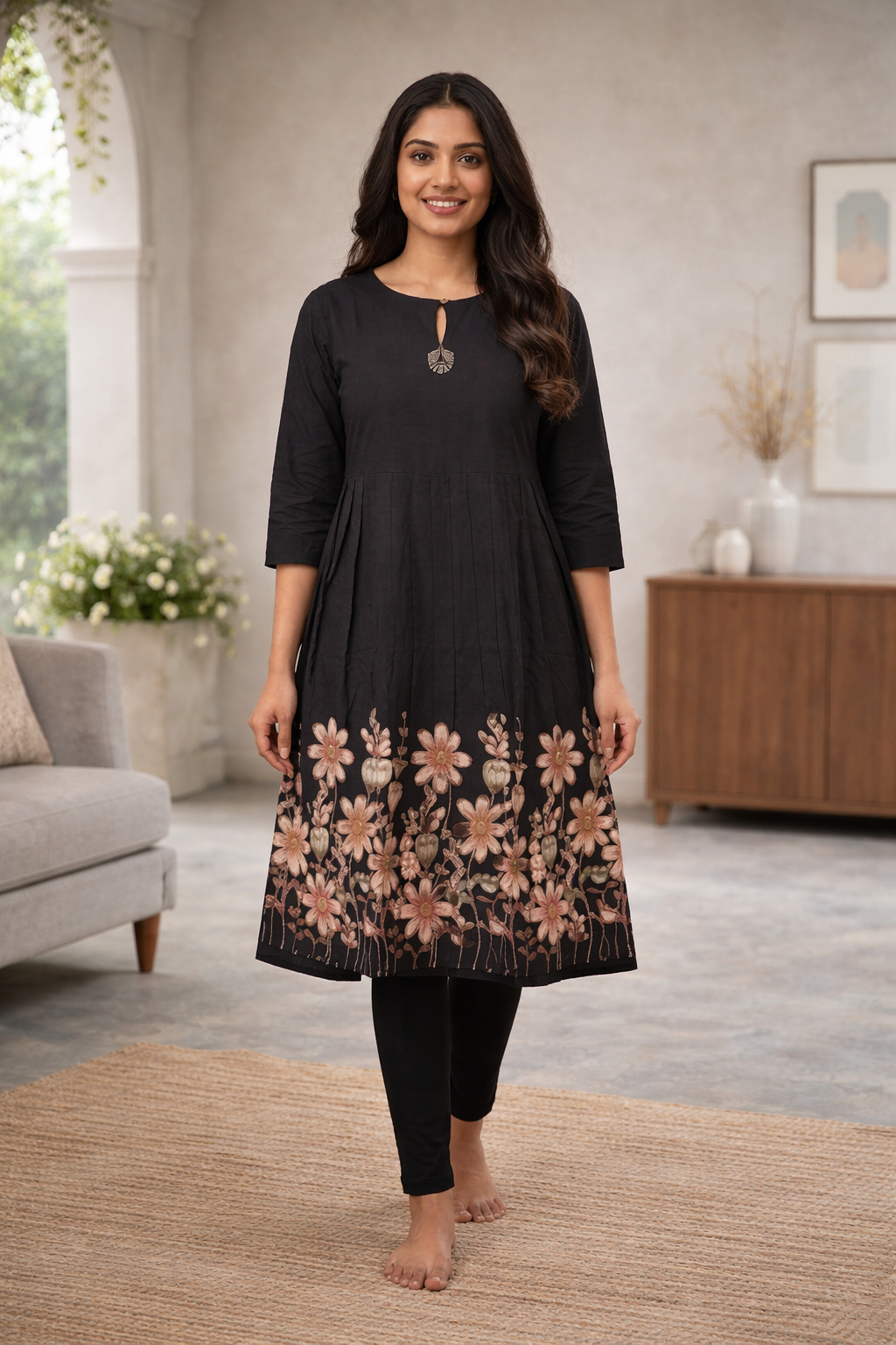Black Floral Umbrella Kurti for Women