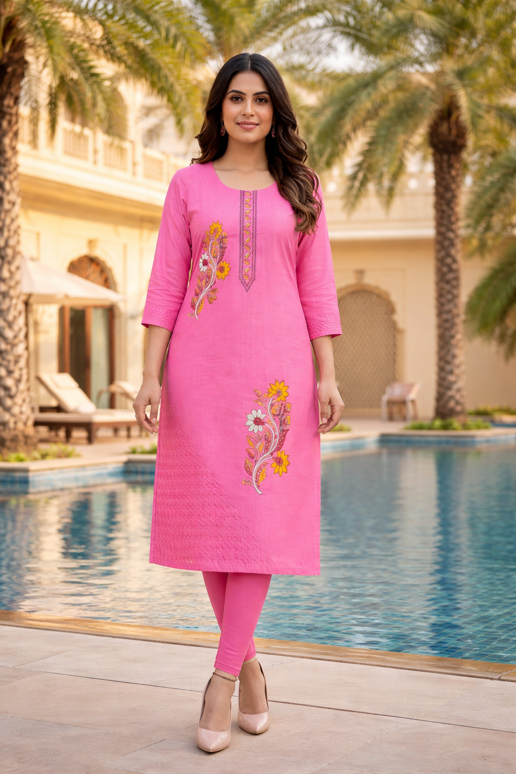 Elegant Pink Roman Silk Side Open Kurti with Embroidery