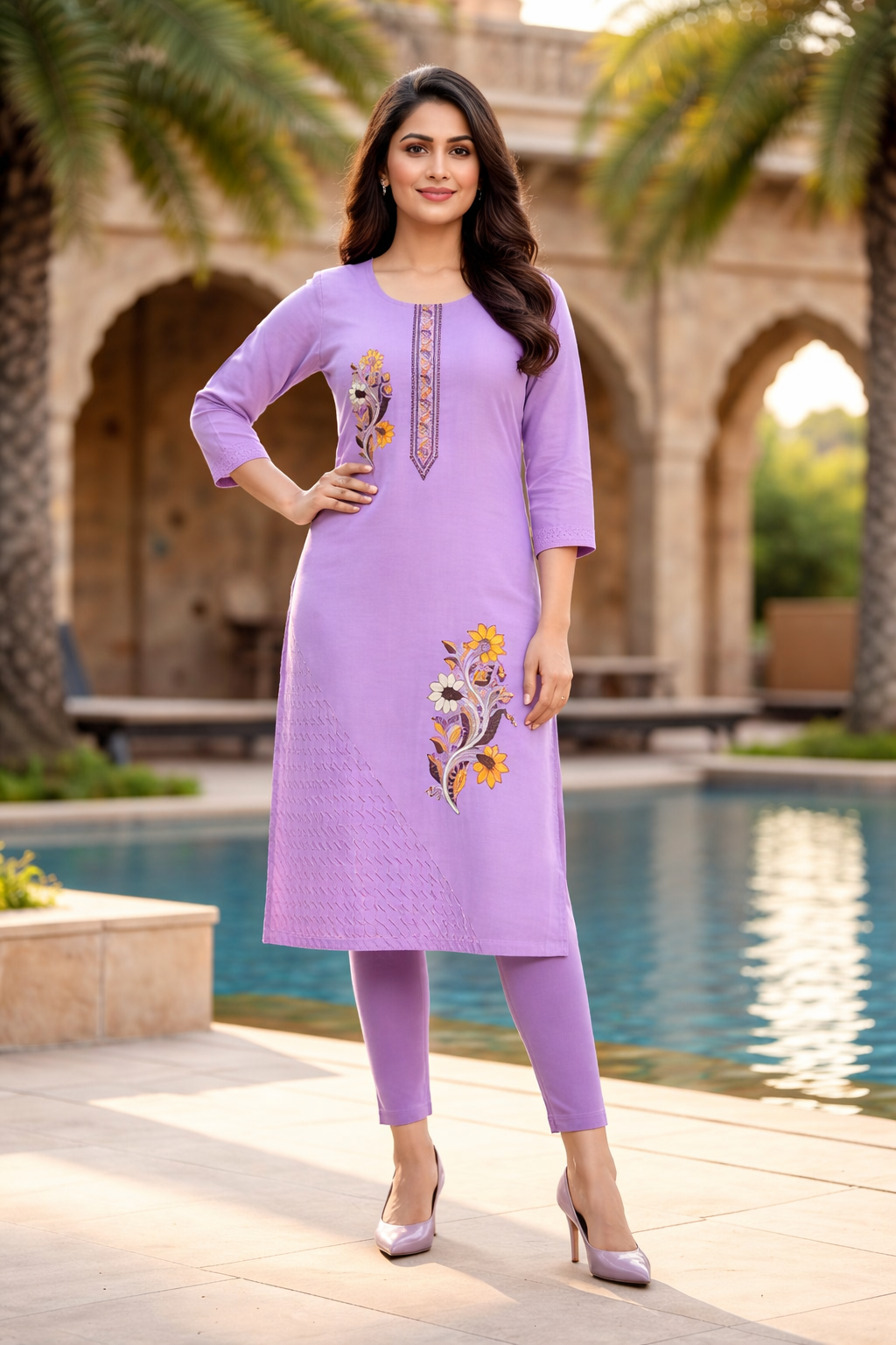 Elegant Lavender Roman Silk Side Open Kurti with Embroidery