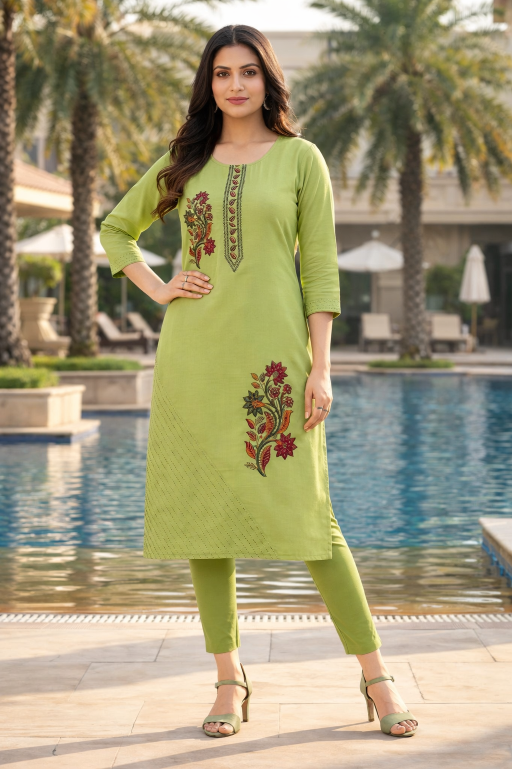Elegant Parrot Green Roman Silk Side Open Kurti with Embroidery