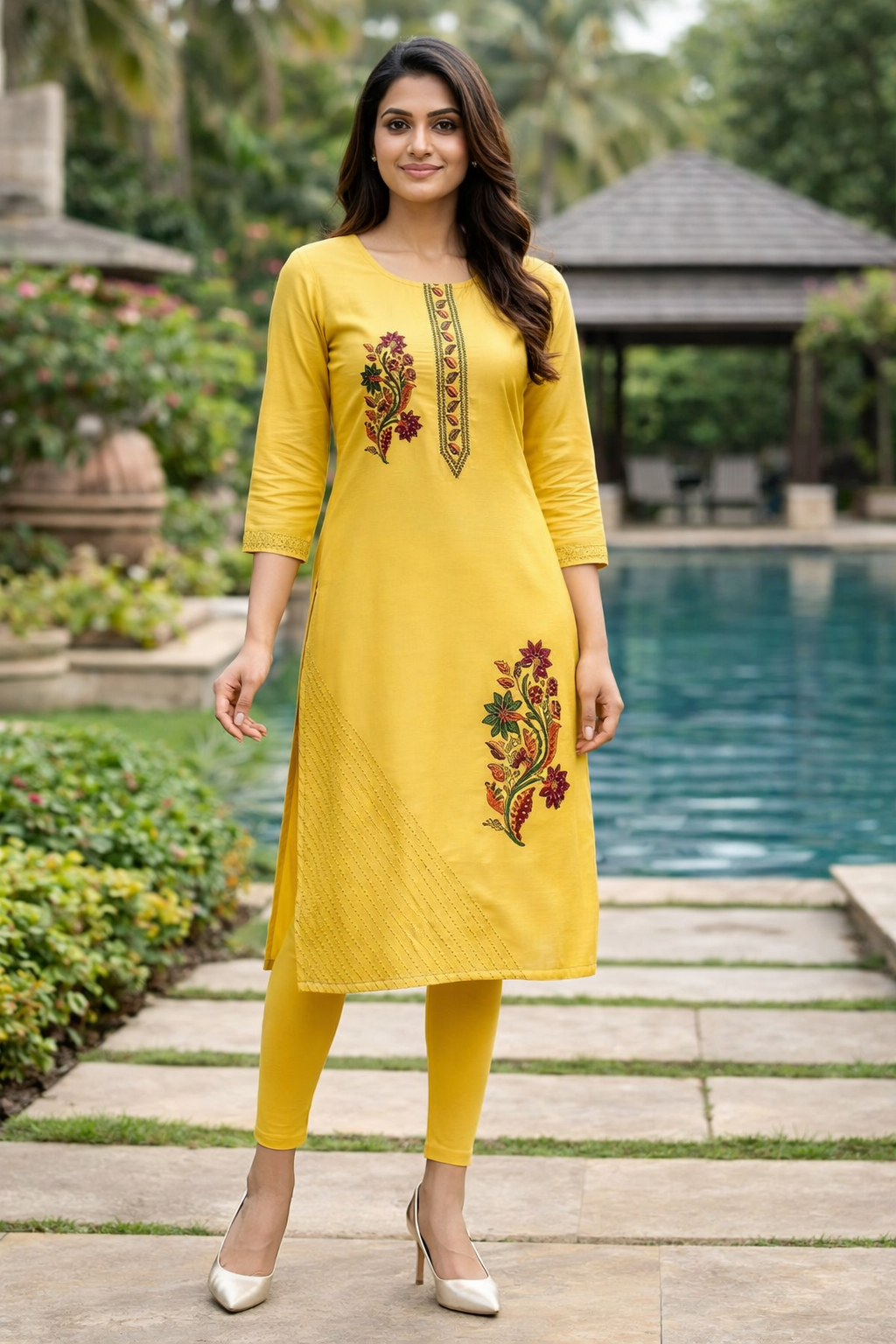 Elegant Yellow Roman Silk Side Open Kurti with Embroidery
