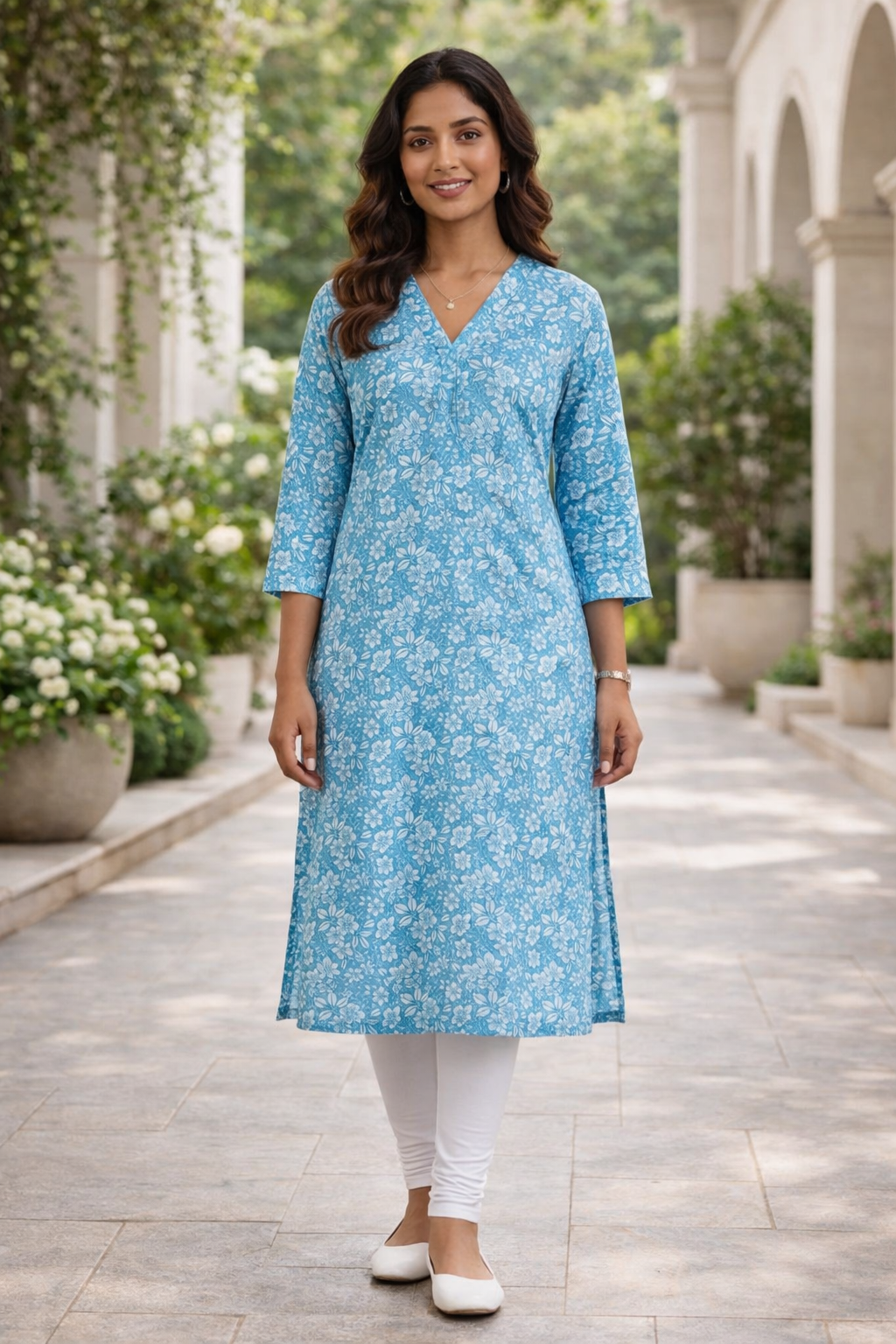 Elegant Sky Blue Cotton Side Open Kurti
