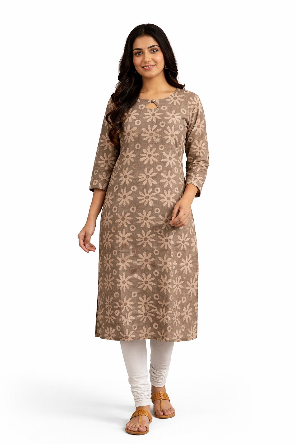 Elegant Beige Brown Cotton Side Open Kurti