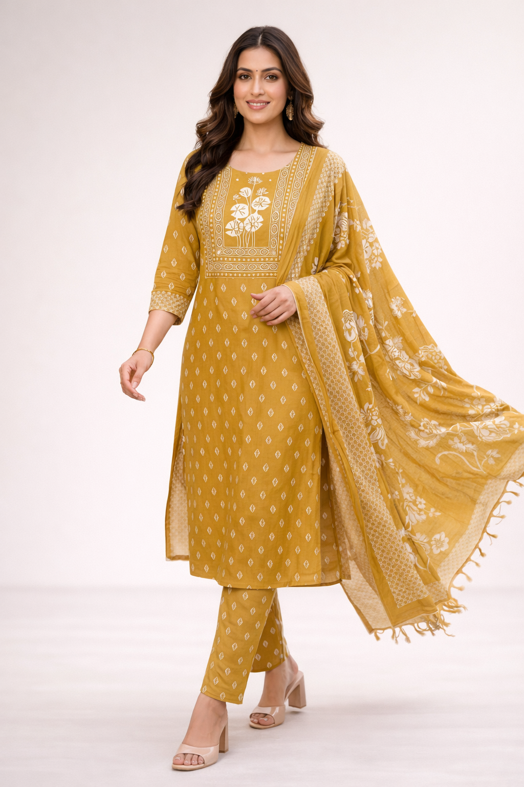 Mustard Yellow Printed Salwar Suit with Dupatta