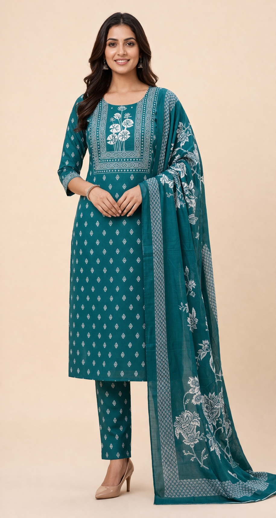 Teal Green Printed Salwar Suit with Dupatta