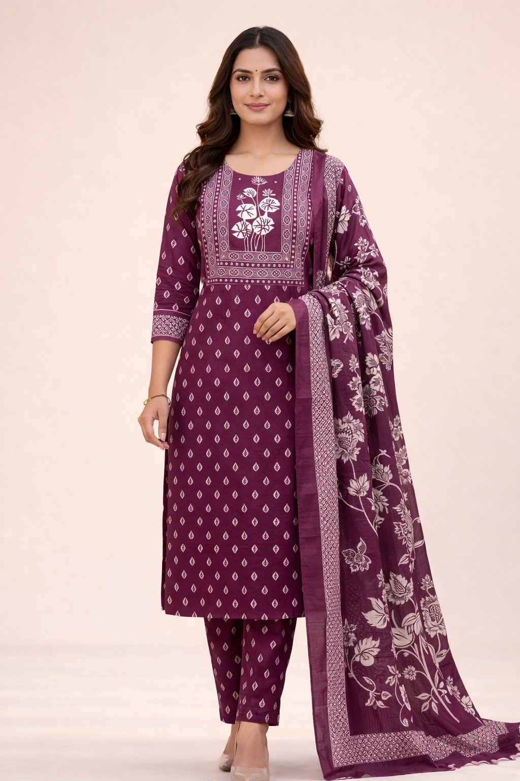 Wine Printed Salwar Suit with Dupatta