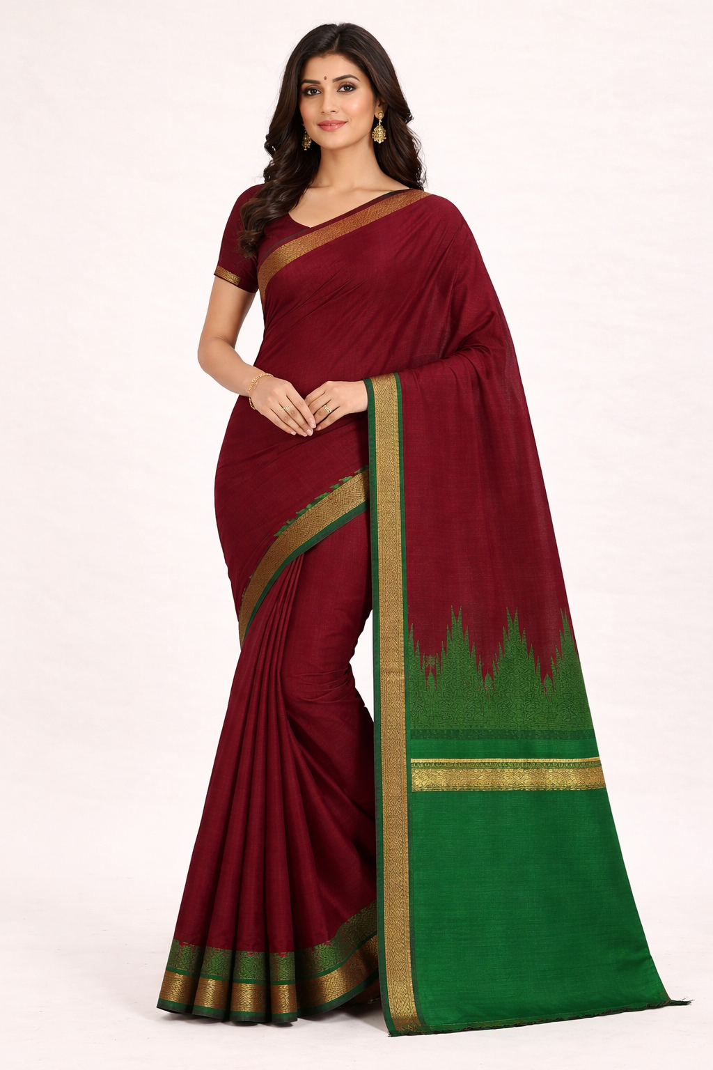 Wine & Green Chettinad Cotton Saree with Traditional Temple Border