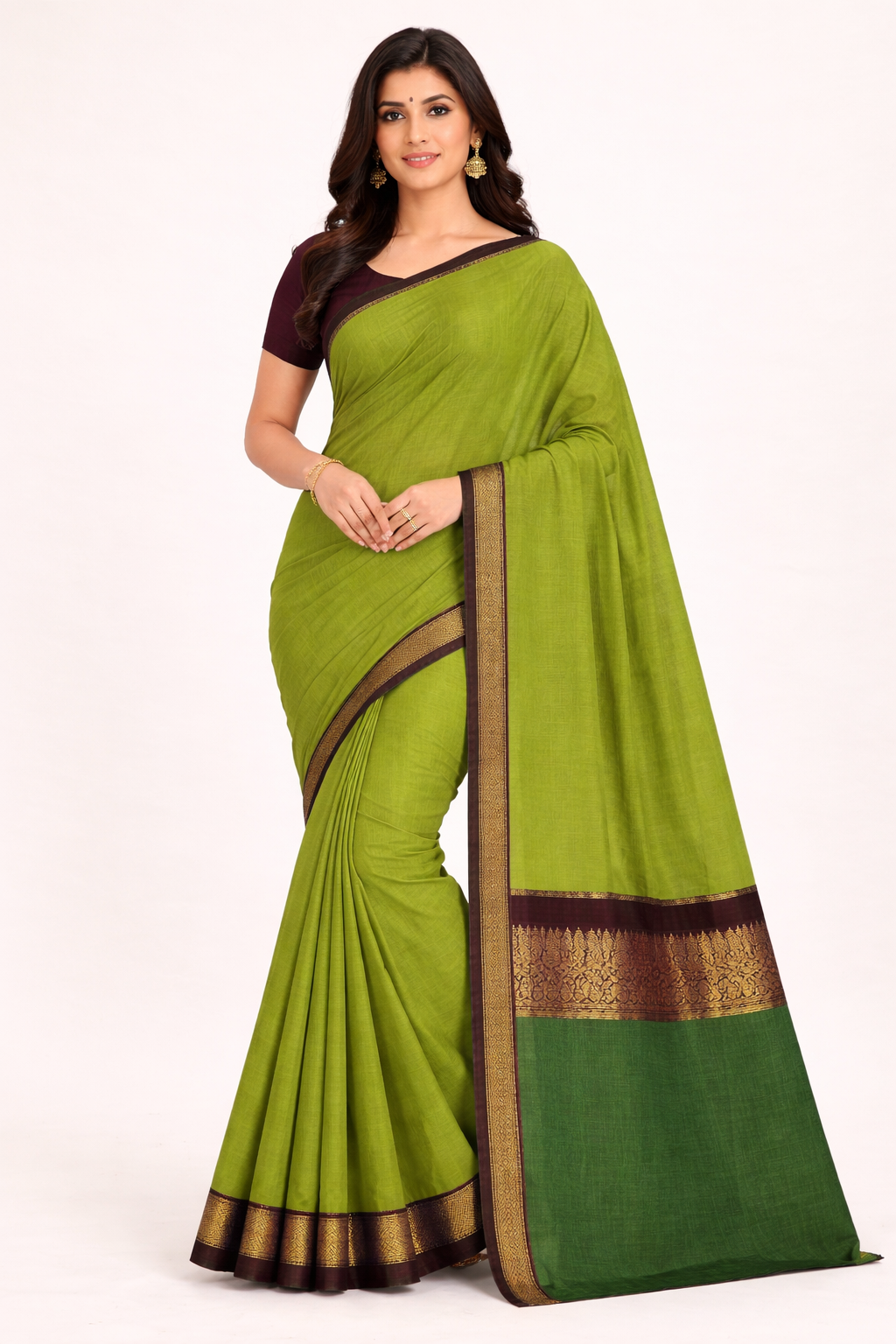 Parrot Green Chettinad Cotton Saree with Traditional Zari Border