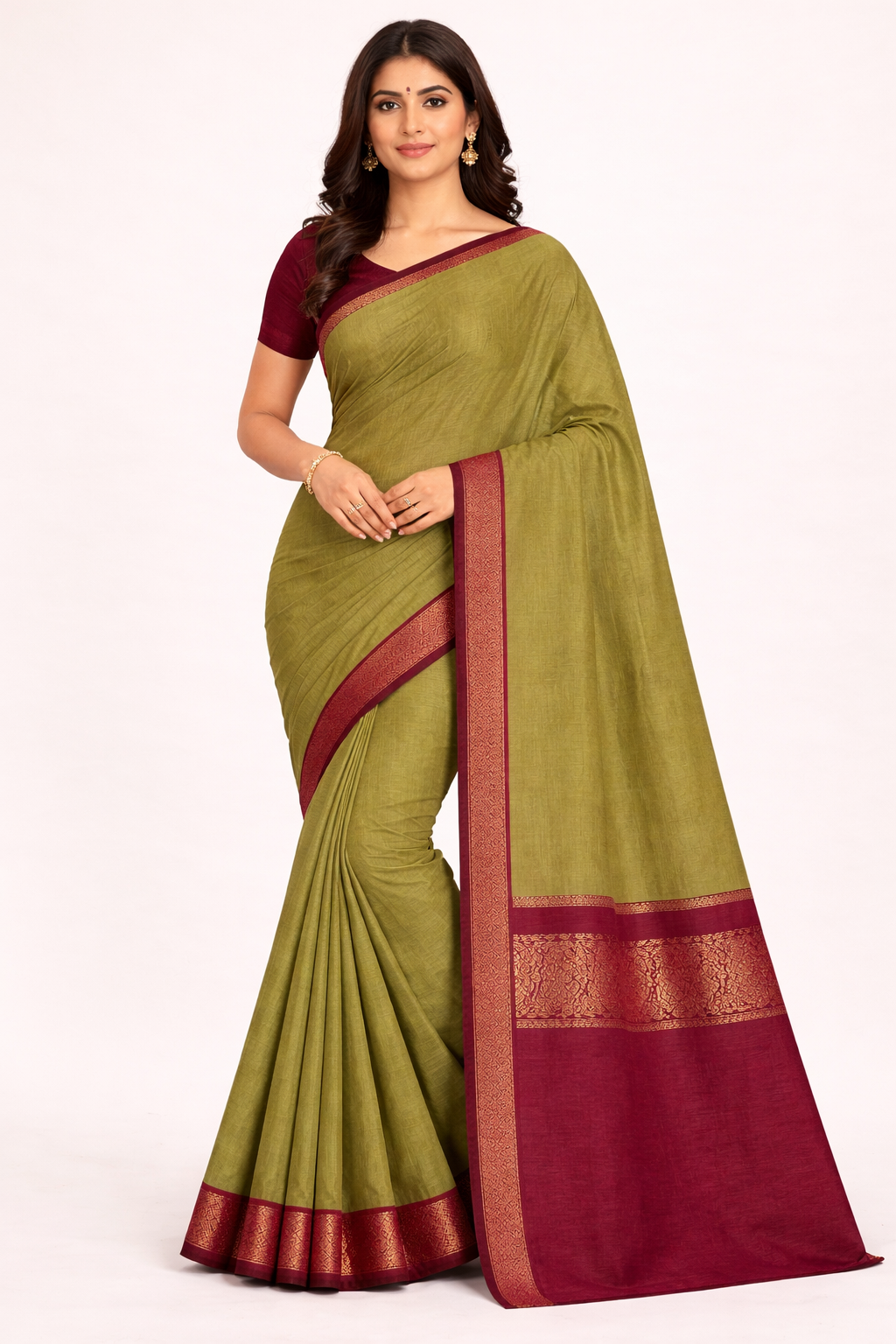 Olive Green & Maroon Chettinad Cotton Saree with Traditional Zari Border