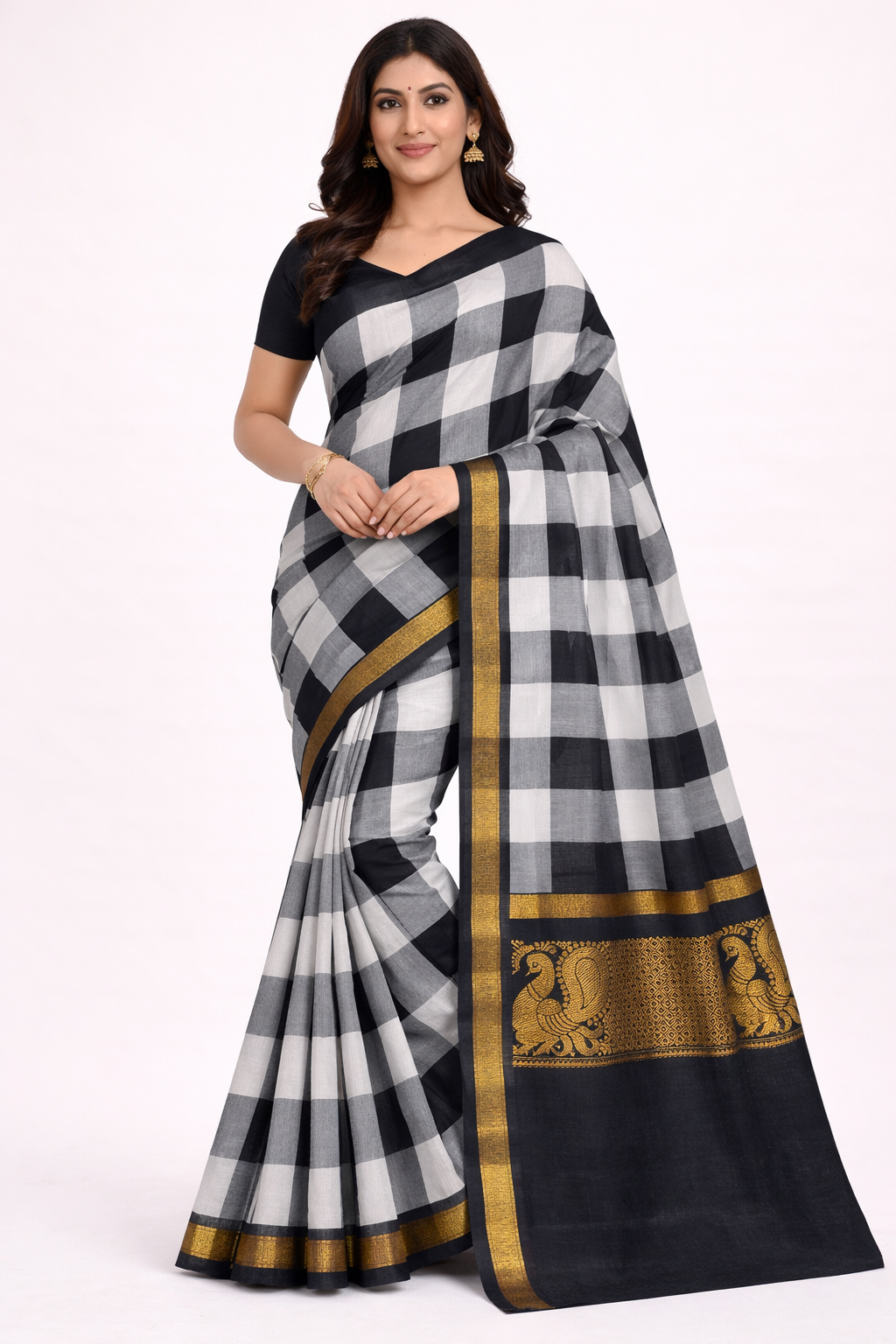 Black & White Checked Chettinad Cotton Saree with Peacock Zari Border