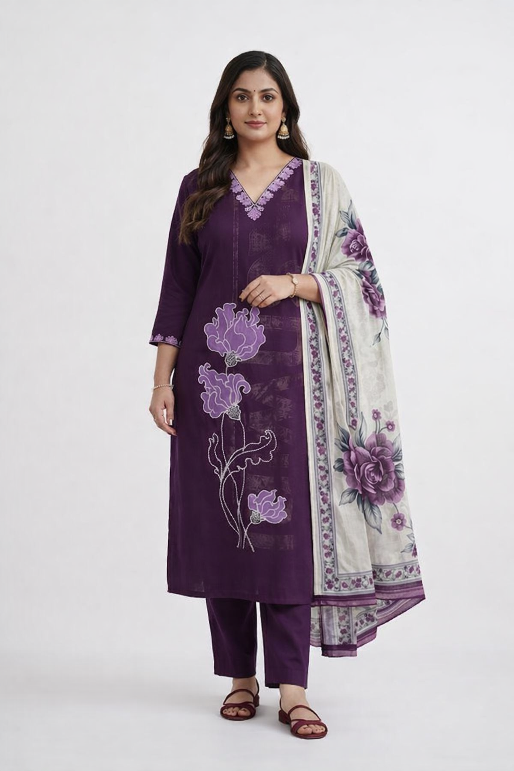 Purple Umbrella Salwar Suit Set with Floral Dupatta