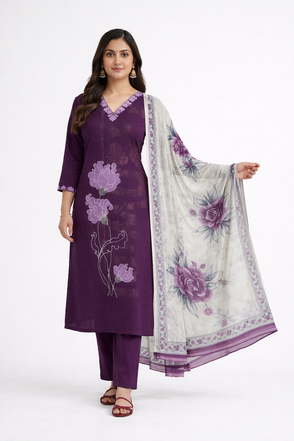 Purple Umbrella Salwar Suit Set with Floral Dupatta