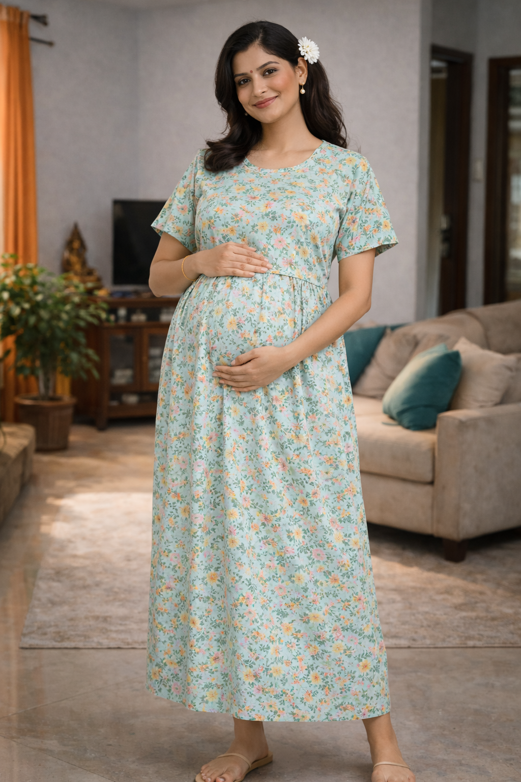 Women’s Gray Lemon Print Zipless Maternity Frock – Cotton Blend Dress with Pocket & Rope