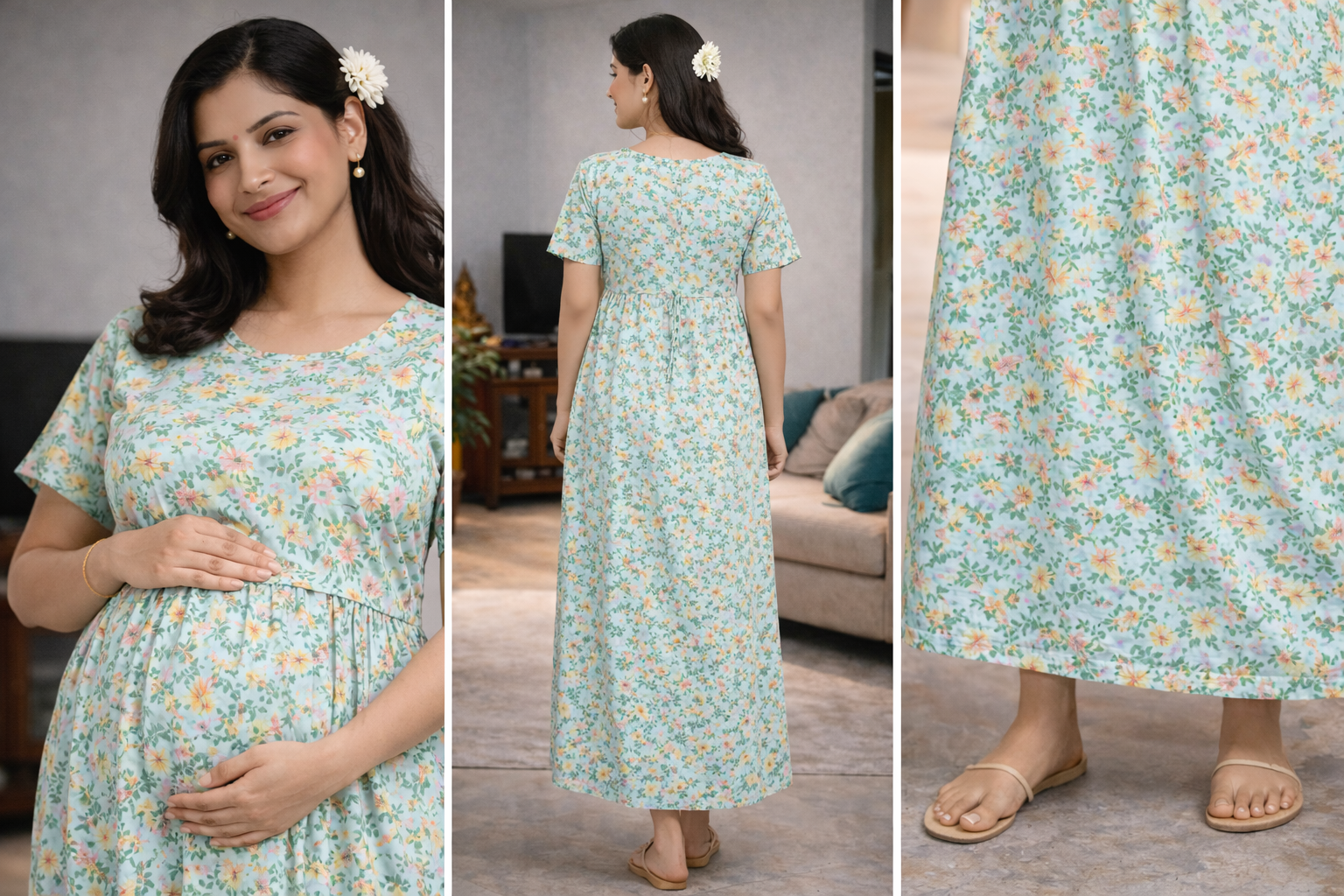 Women’s Gray Lemon Print Zipless Maternity Frock – Cotton Blend Dress with Pocket & Rope