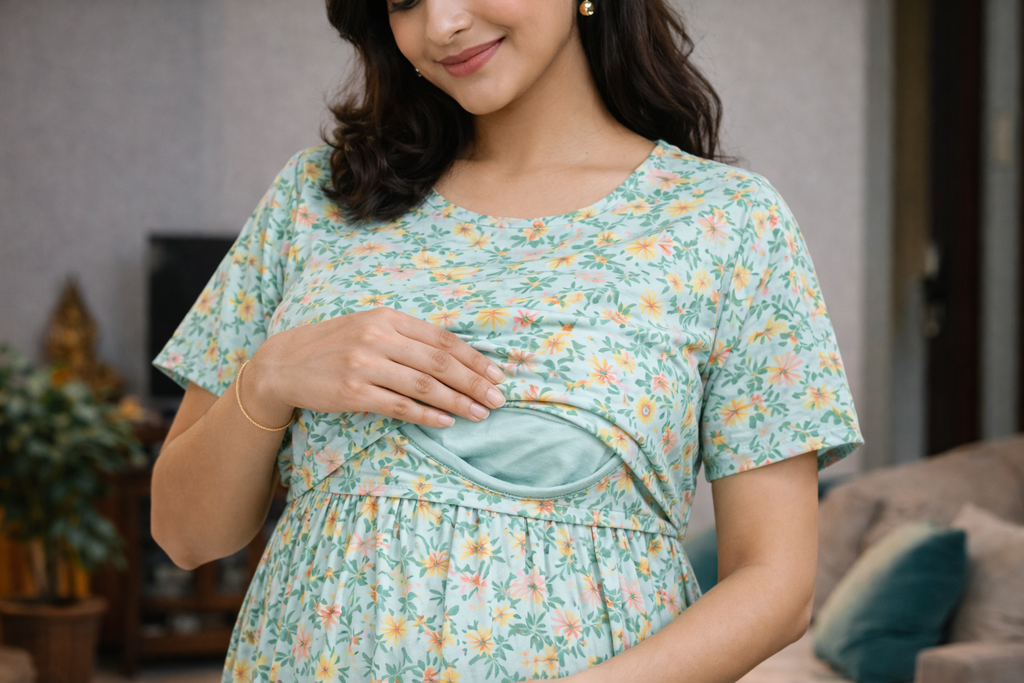 Women’s Gray Lemon Print Zipless Maternity Frock – Cotton Blend Dress with Pocket & Rope