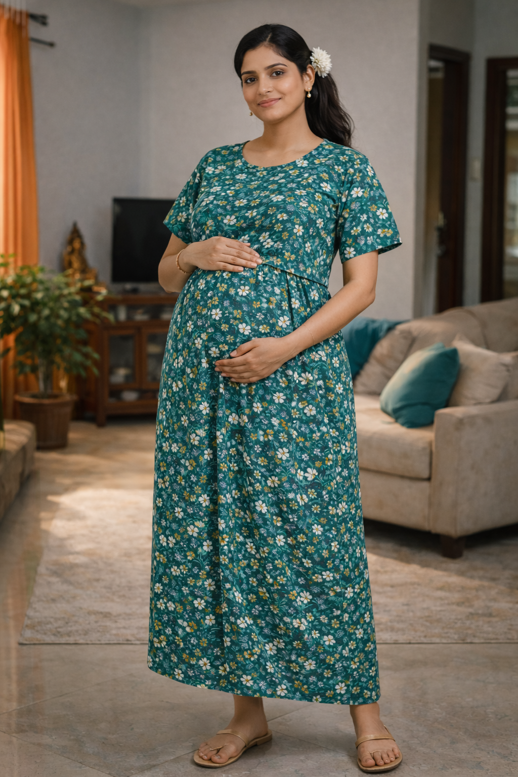 Women’s Green Floral Maternity Wear Frock – Zipless Cotton Blend Dress with Pocket