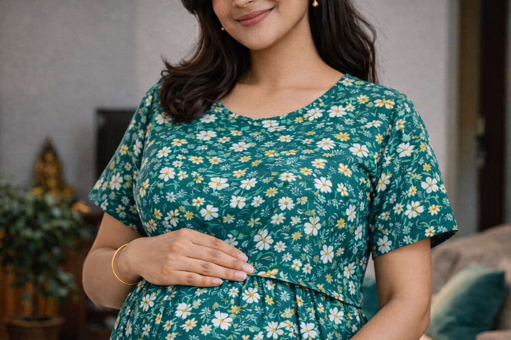 Women’s Green Floral Maternity Wear Frock – Zipless Cotton Blend Dress with Pocket