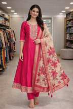 Royal Pink Embroidered Salwar Suit Umbrella Set with Floral Shawl