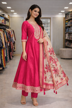 Royal Pink Embroidered Salwar Suit Umbrella Set with Floral Shawl