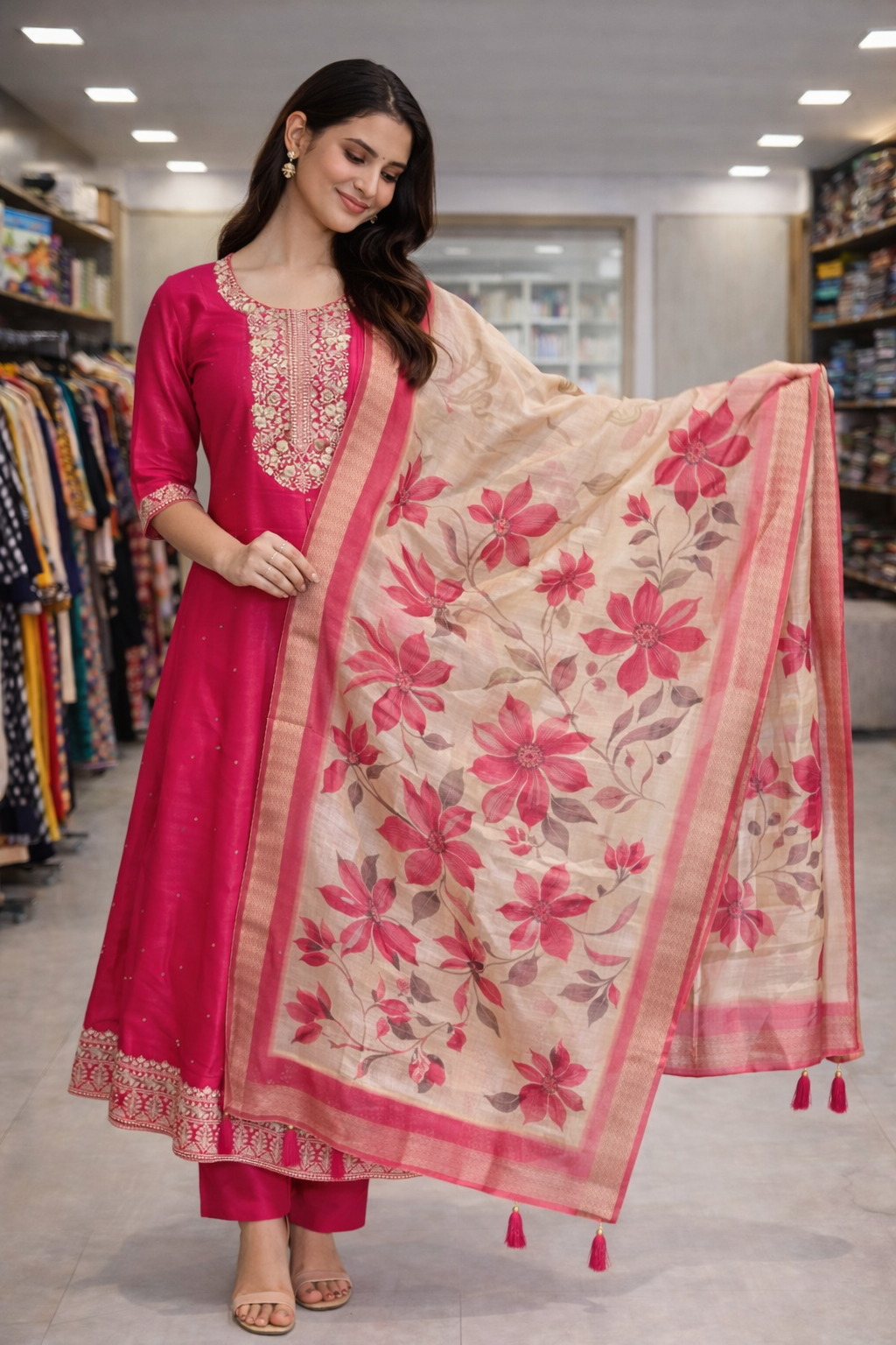 Royal Pink Embroidered Salwar Suit Umbrella Set with Floral Shawl