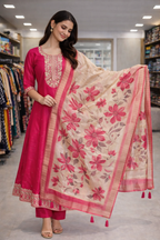 Royal Pink Embroidered Salwar Suit Umbrella Set with Floral Shawl