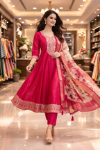 Royal Pink Embroidered Salwar Suit Umbrella Set with Floral Shawl