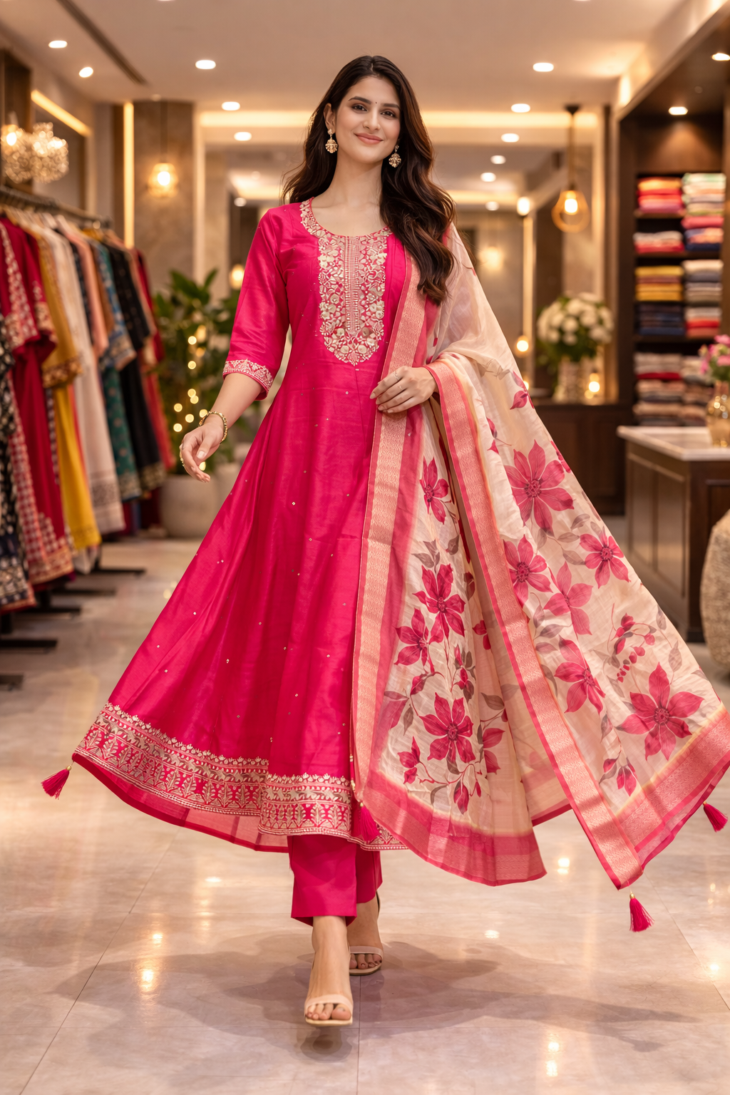 Royal Pink Embroidered Salwar Suit Umbrella Set with Floral Shawl