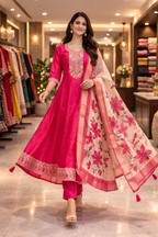 Royal Pink Embroidered Salwar Suit Umbrella Set with Floral Shawl