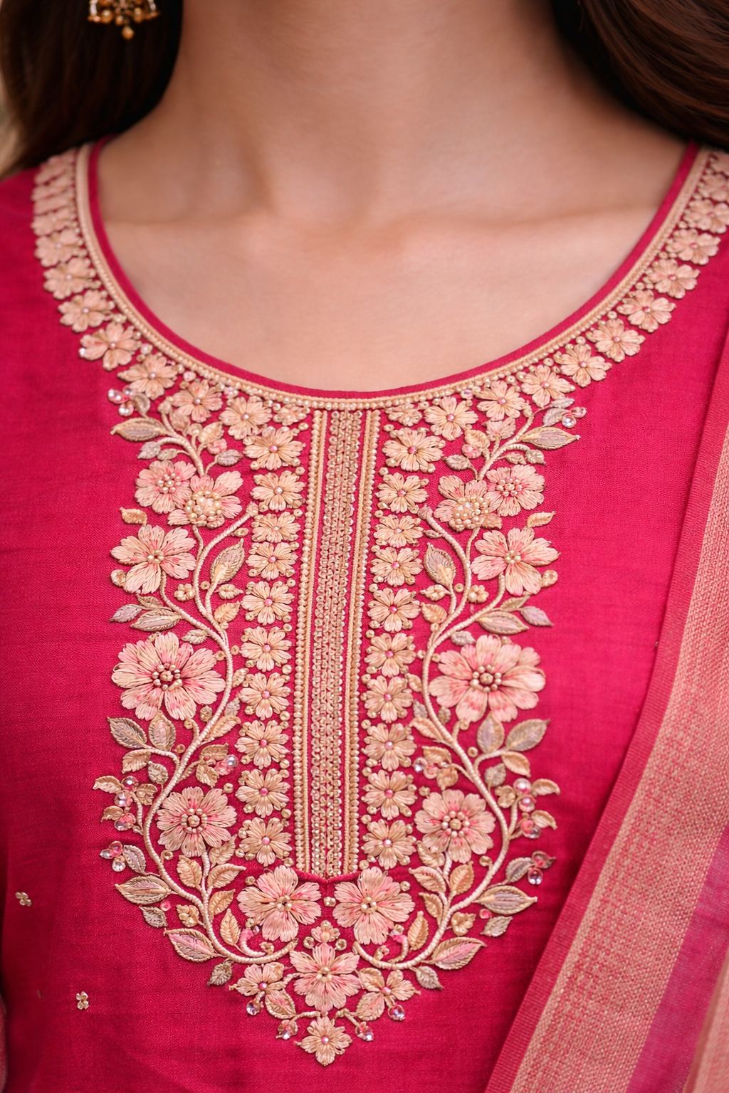 Royal Pink Embroidered Salwar Suit Umbrella Set with Floral Shawl