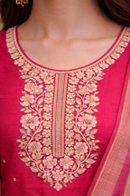 Royal Pink Embroidered Salwar Suit Umbrella Set with Floral Shawl