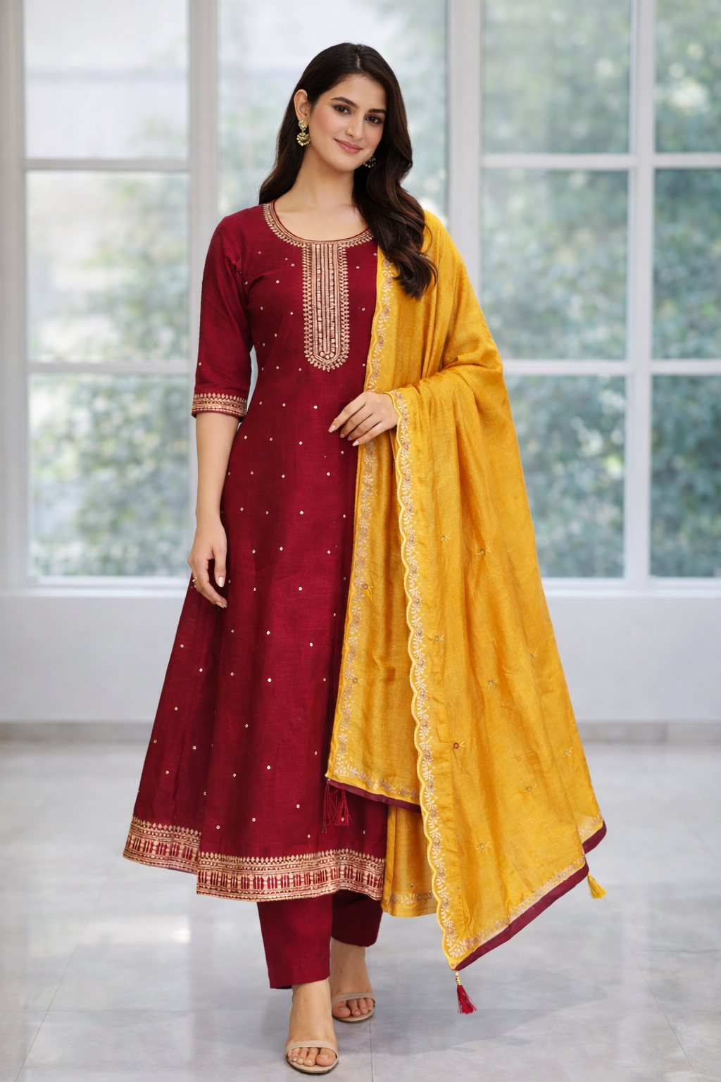 Maroon Vatican Fabric Umbrella Salwar Suit with Mustard Dupatta – Function Wear Set