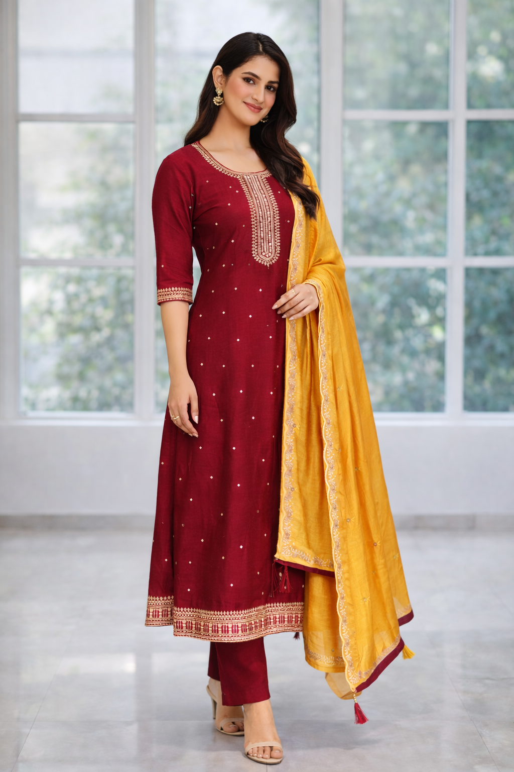 Maroon Vatican Fabric Umbrella Salwar Suit with Mustard Dupatta – Function Wear Set