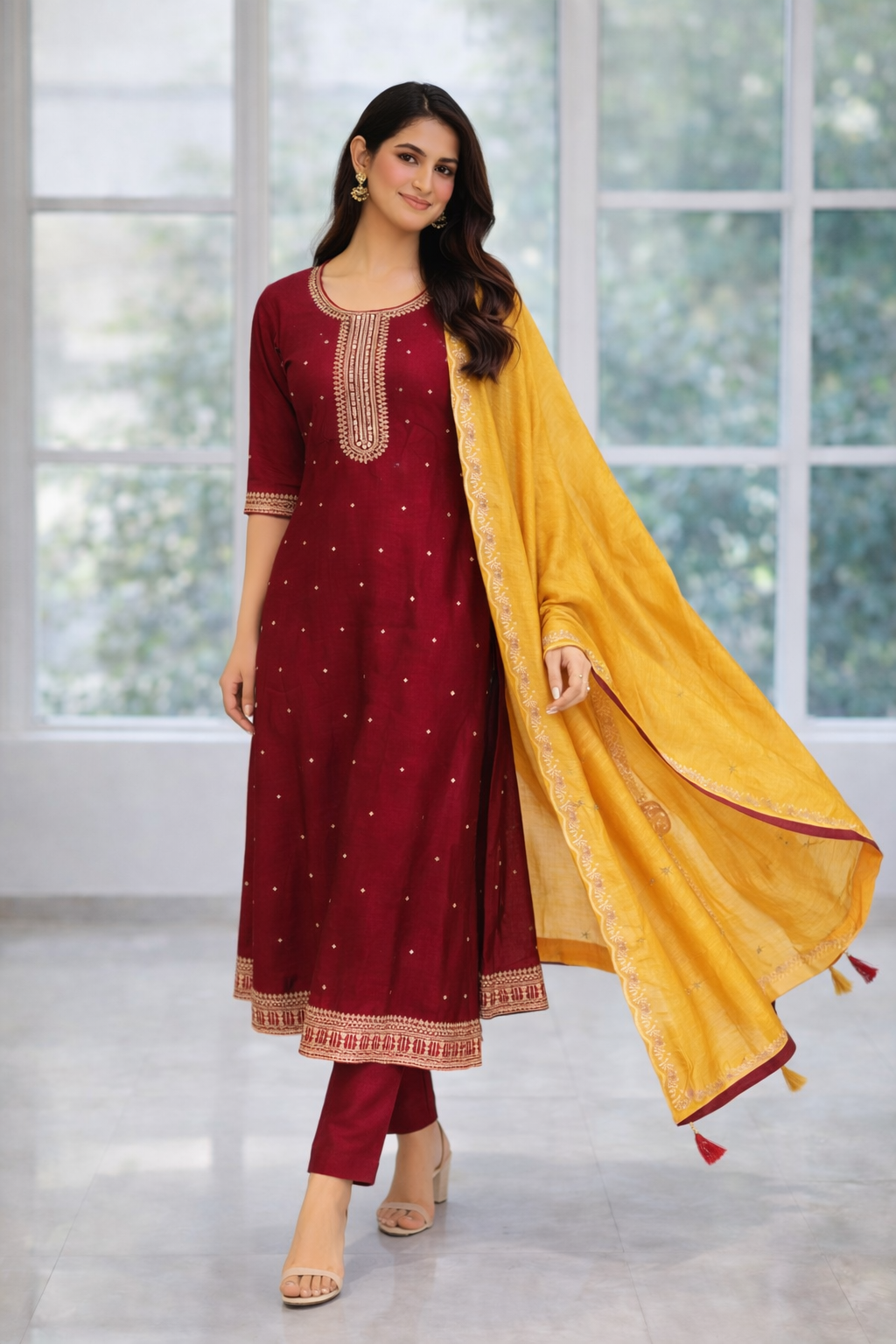 Maroon Vatican Fabric Umbrella Salwar Suit with Mustard Dupatta – Function Wear Set