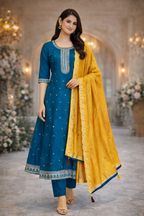 Royal Blue Vatican Fabric Umbrella Salwar Suit with Mustard Dupatta