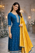 Royal Blue Vatican Fabric Umbrella Salwar Suit with Mustard Dupatta