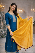Royal Blue Vatican Fabric Umbrella Salwar Suit with Mustard Dupatta
