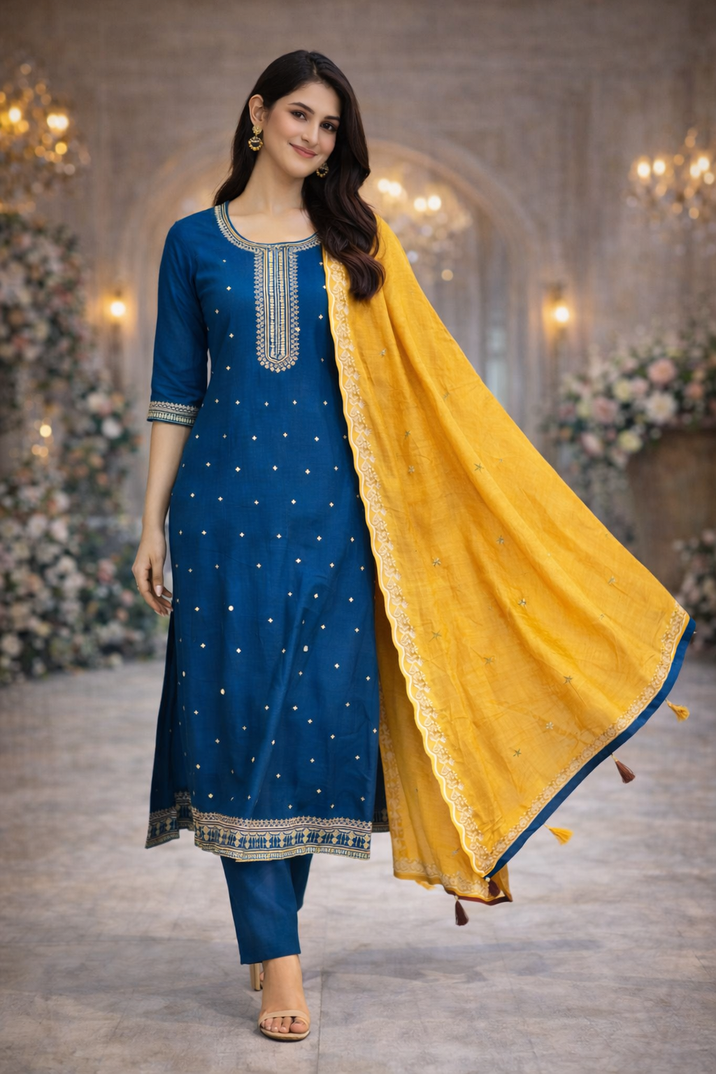 Royal Blue Vatican Fabric Umbrella Salwar Suit with Mustard Dupatta