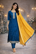 Royal Blue Vatican Fabric Umbrella Salwar Suit with Mustard Dupatta