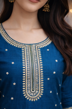 Royal Blue Vatican Fabric Umbrella Salwar Suit with Mustard Dupatta