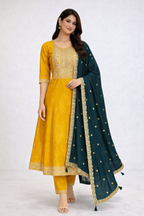 Mustard Yellow Embroidered Kurta Set with Teal Designer Dupatta – Festive & Wedding Wear