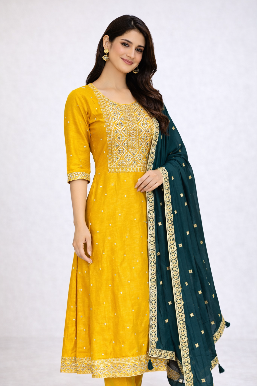 Mustard Yellow Embroidered Kurta Set with Teal Designer Dupatta – Festive & Wedding Wear