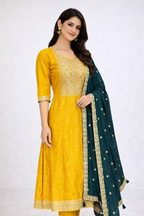 Mustard Yellow Embroidered Kurta Set with Teal Designer Dupatta – Festive & Wedding Wear
