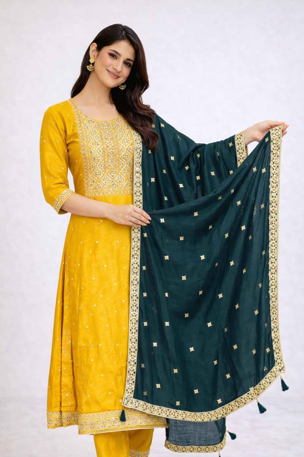 Mustard Yellow Embroidered Kurta Set with Teal Designer Dupatta – Festive & Wedding Wear