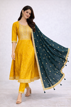 Mustard Yellow Embroidered Kurta Set with Teal Designer Dupatta – Festive & Wedding Wear