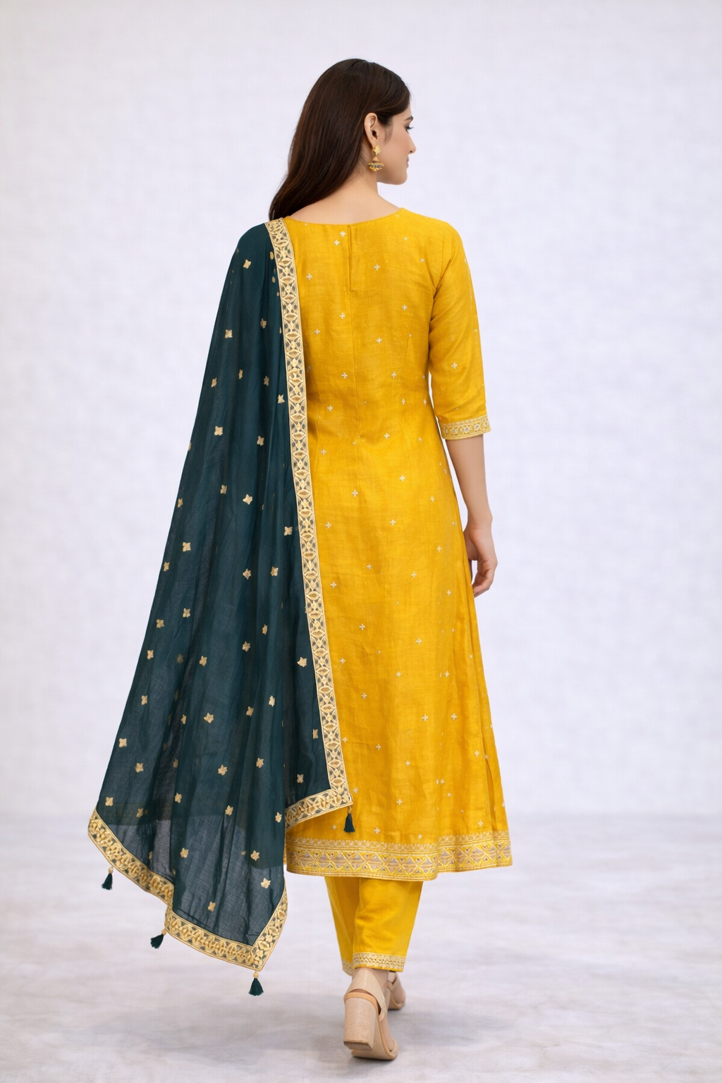 Mustard Yellow Embroidered Kurta Set with Teal Designer Dupatta – Festive & Wedding Wear