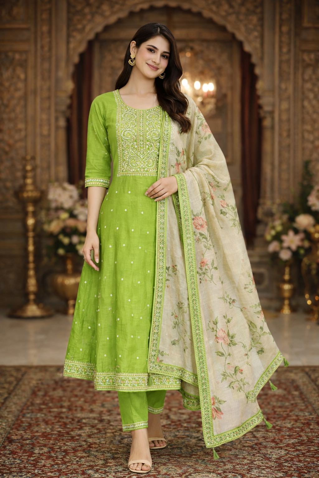 Parrot Green Vatican Fabric Umbrella Salwar Suit with Printed Dupatta