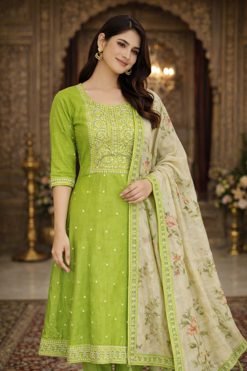 Parrot Green Vatican Fabric Umbrella Salwar Suit with Printed Dupatta