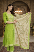Parrot Green Vatican Fabric Umbrella Salwar Suit with Printed Dupatta